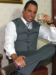 Marcello winds down by smoking a big cigar and taking off his leather shoes, before cumming inside a brandy glass