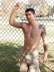 Brunette stud Greg Jameson strokes his dick